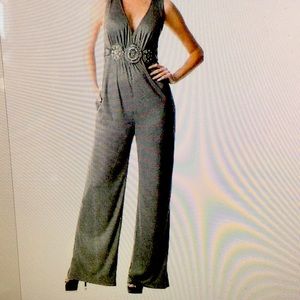 Eci New York Grey Jumpsuit size Large w/Black beads & large Rhinestones